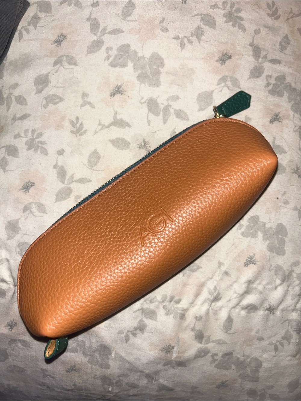 AG leather pencil case in cognac with green trim